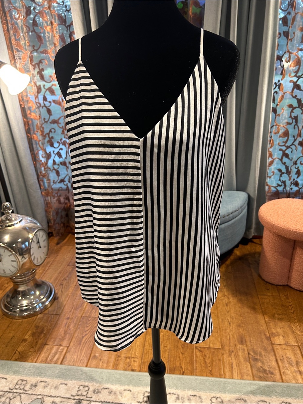 Express Black and White Striped V-Neck Tank Top